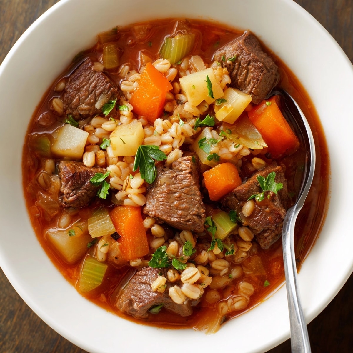 Hearty Beef and Barley Stew with vibrant root vegetables, slow-cooked to tender perfection.