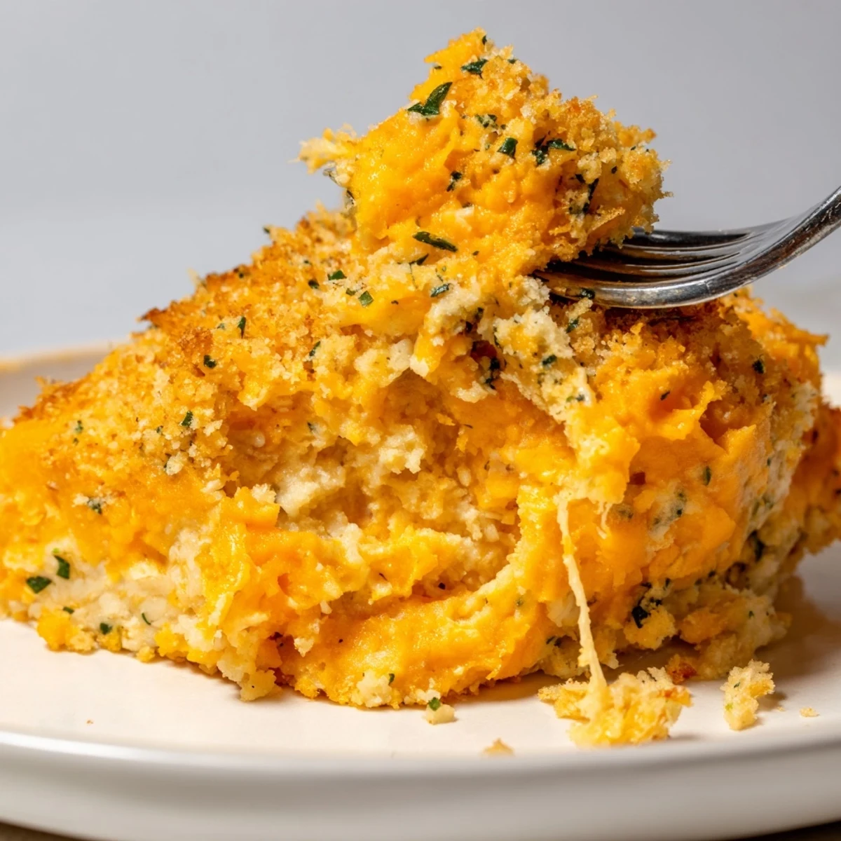 Cheesy Sweet Potato Casserole topped with golden breadcrumbs, perfect for cozy family dinners.  