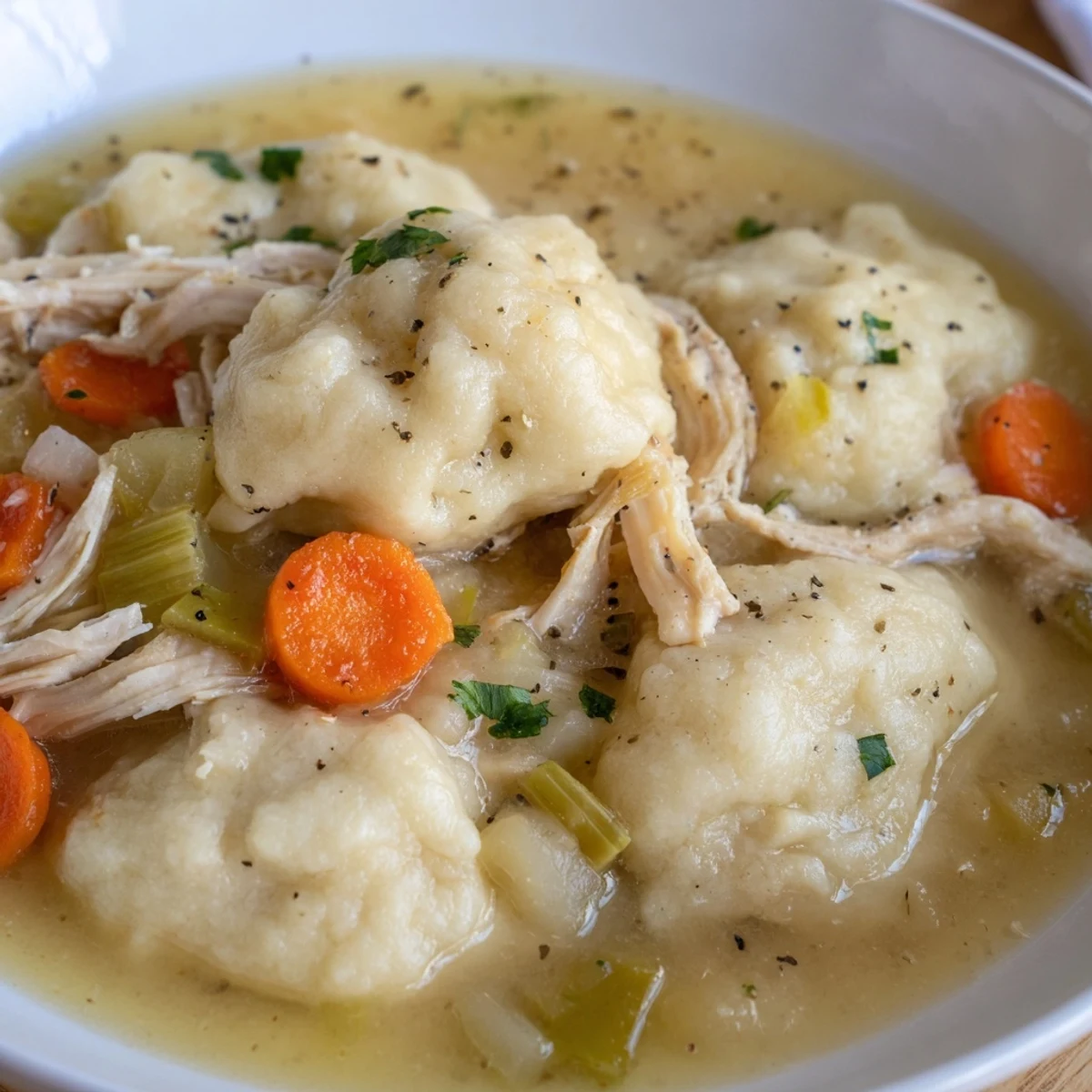Classic Chicken and Dumplings simmering in a savory broth, perfect for chilly evenings.
