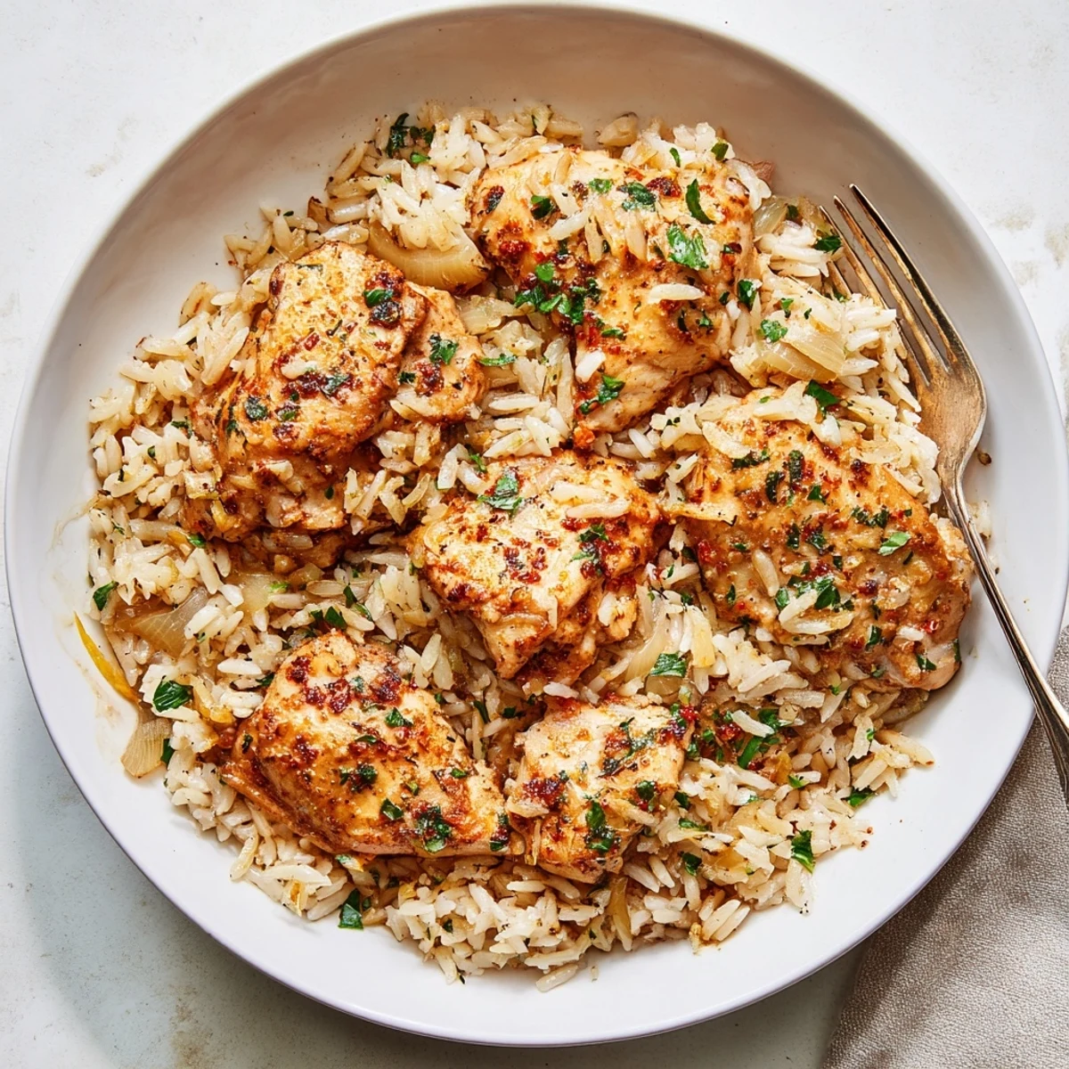 Hearty One-Pot Garlic Parmesan Chicken and Rice, infused with savory garlic and melted cheese.