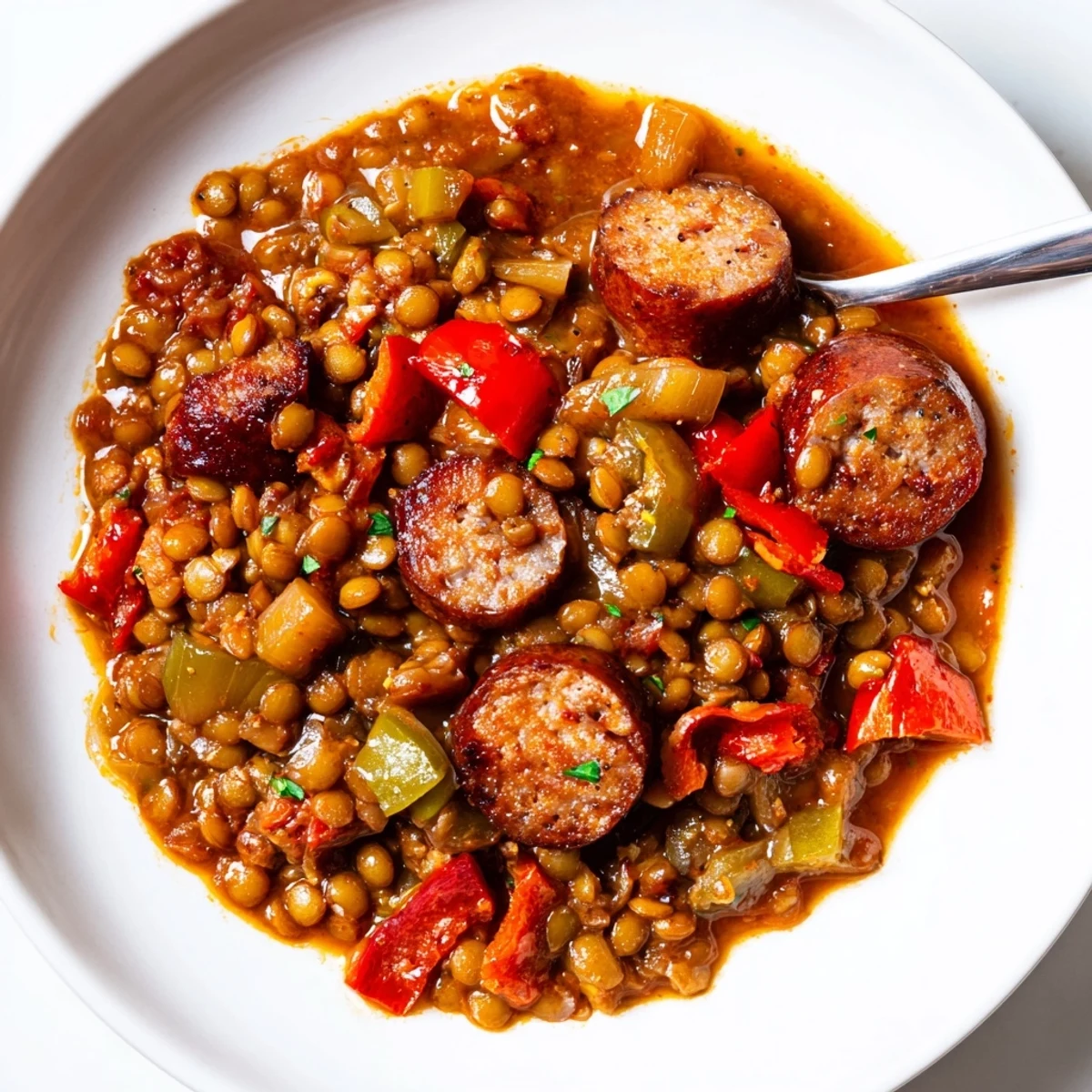 A bowl of spicy lentil and sausage chili, rich with vibrant veggies and herbs.  