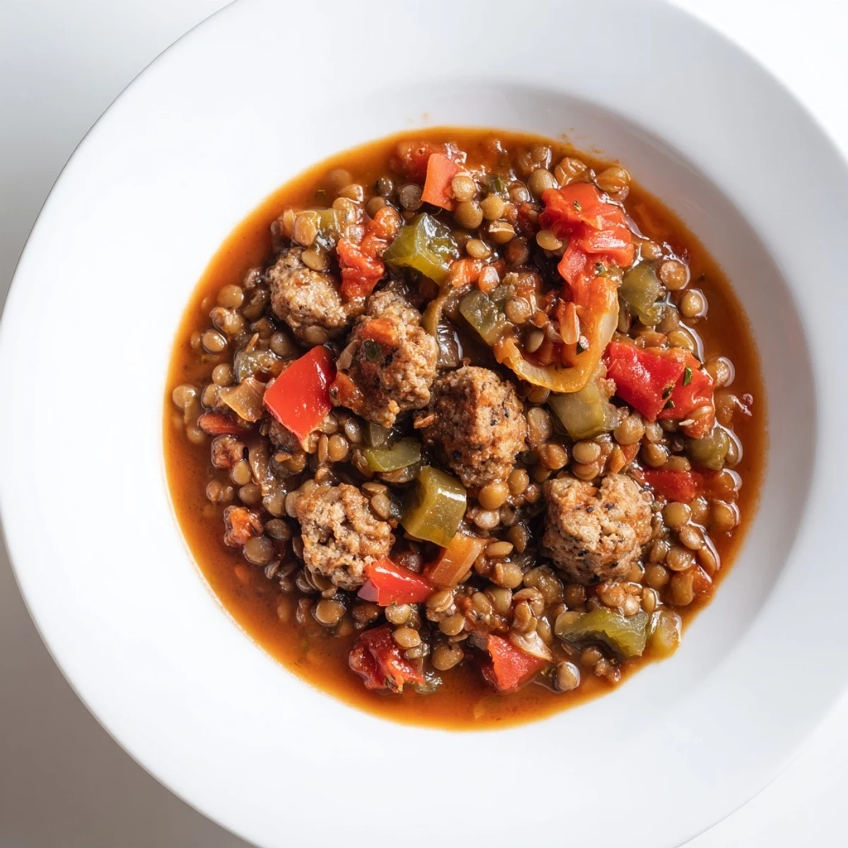 Warm spicy lentil and sausage chili, perfect with crusty bread or over rice.
