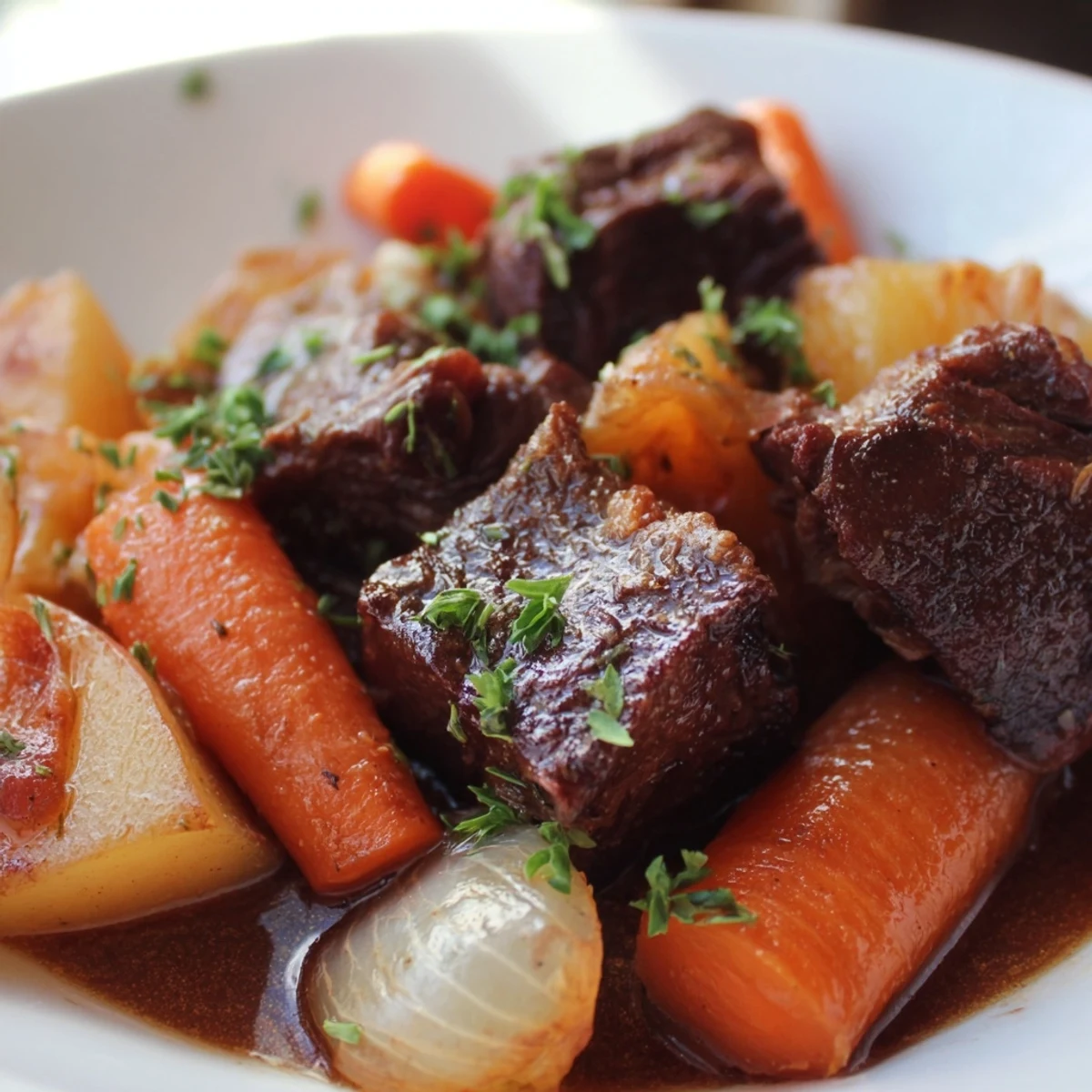 Tender braised beef with carrots and potatoes simmering in rich red wine sauce.  