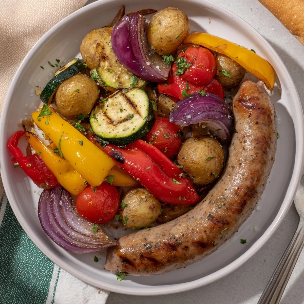 A delicious one-pan sausage and vegetable bake with vibrant roasted veggies.  