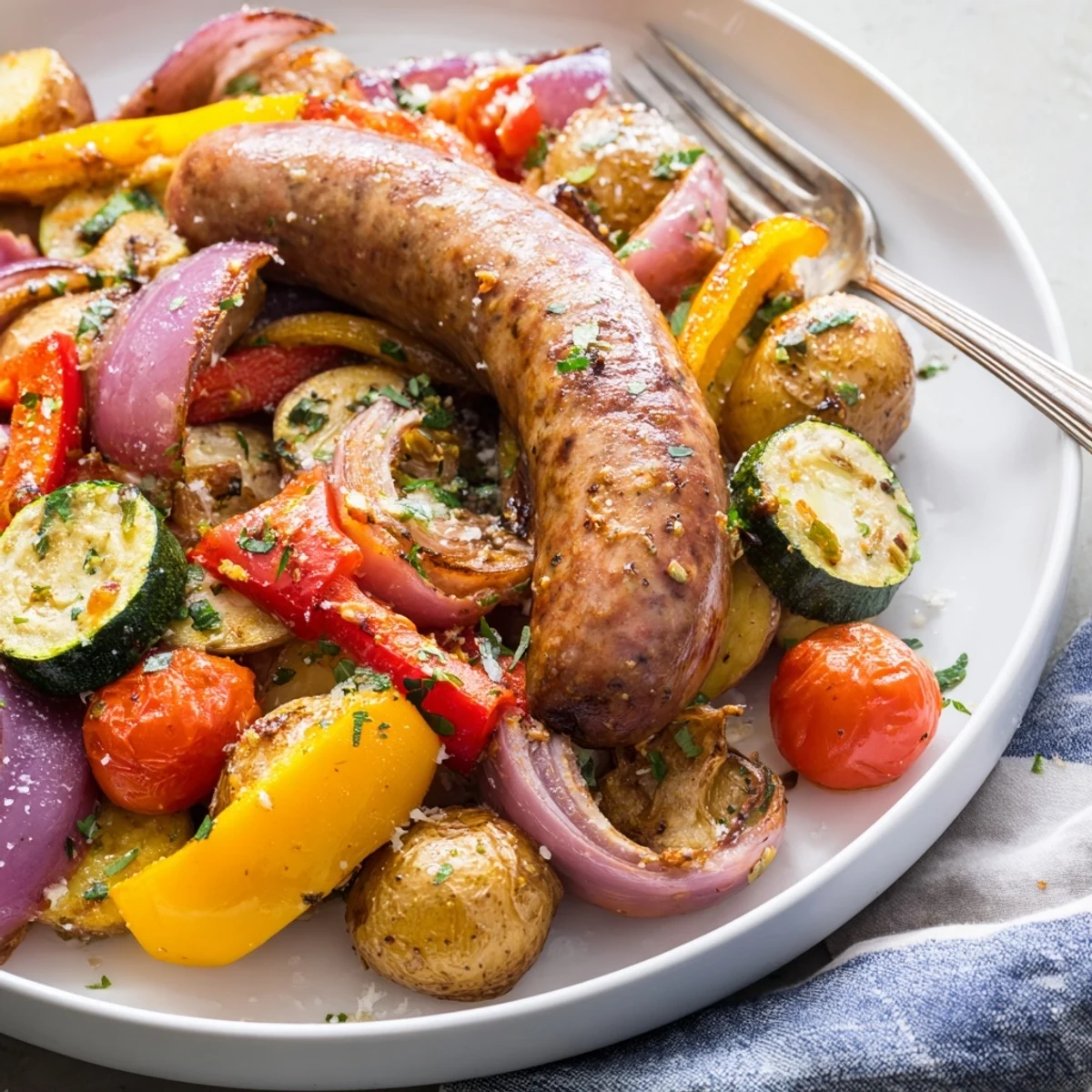 A hearty one-pan sausage and vegetable bake, perfect for easy weeknight dinners.