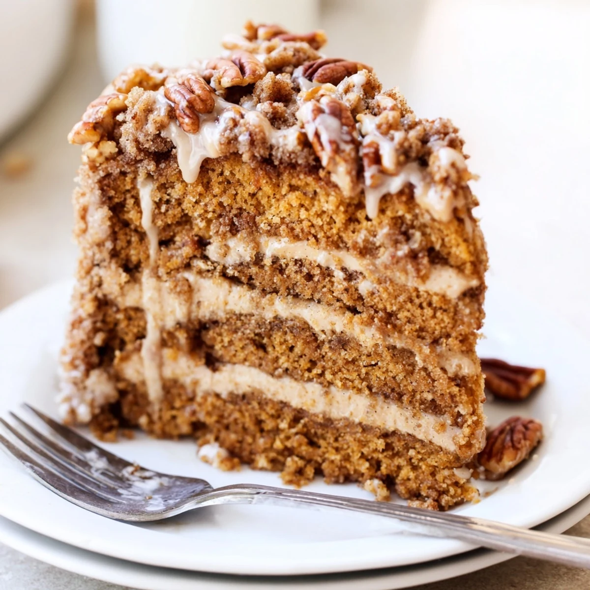 Delicious pumpkin spice coffee cake layered with cinnamon, ideal for cozy autumn mornings.