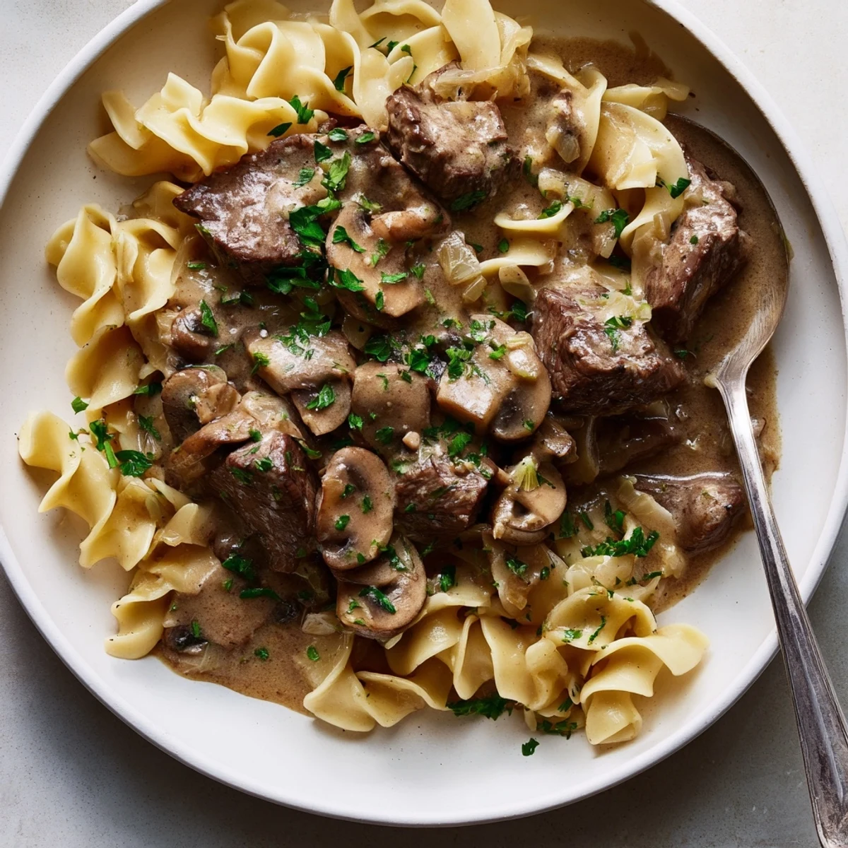 Creamy Easy Beef Stroganoff served over fluffy egg noodles, perfect for dinner.  