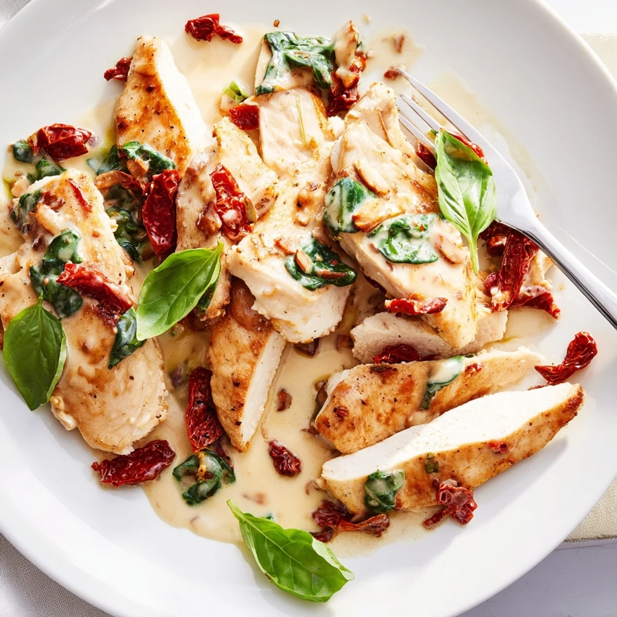 Delicious Creamy Tuscan Garlic Chicken garnished with fresh basil and sun-dried tomatoes.