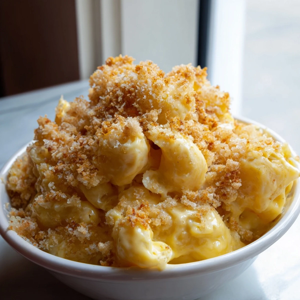 Creamy, baked macaroni and cheese topped with crispy breadcrumbs and melted cheese.  