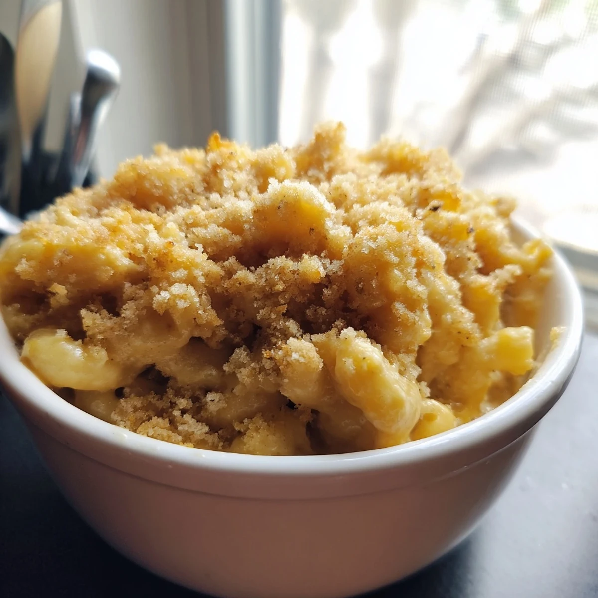 Golden-brown baked macaroni and cheese served in a rustic casserole dish, inviting aroma.  