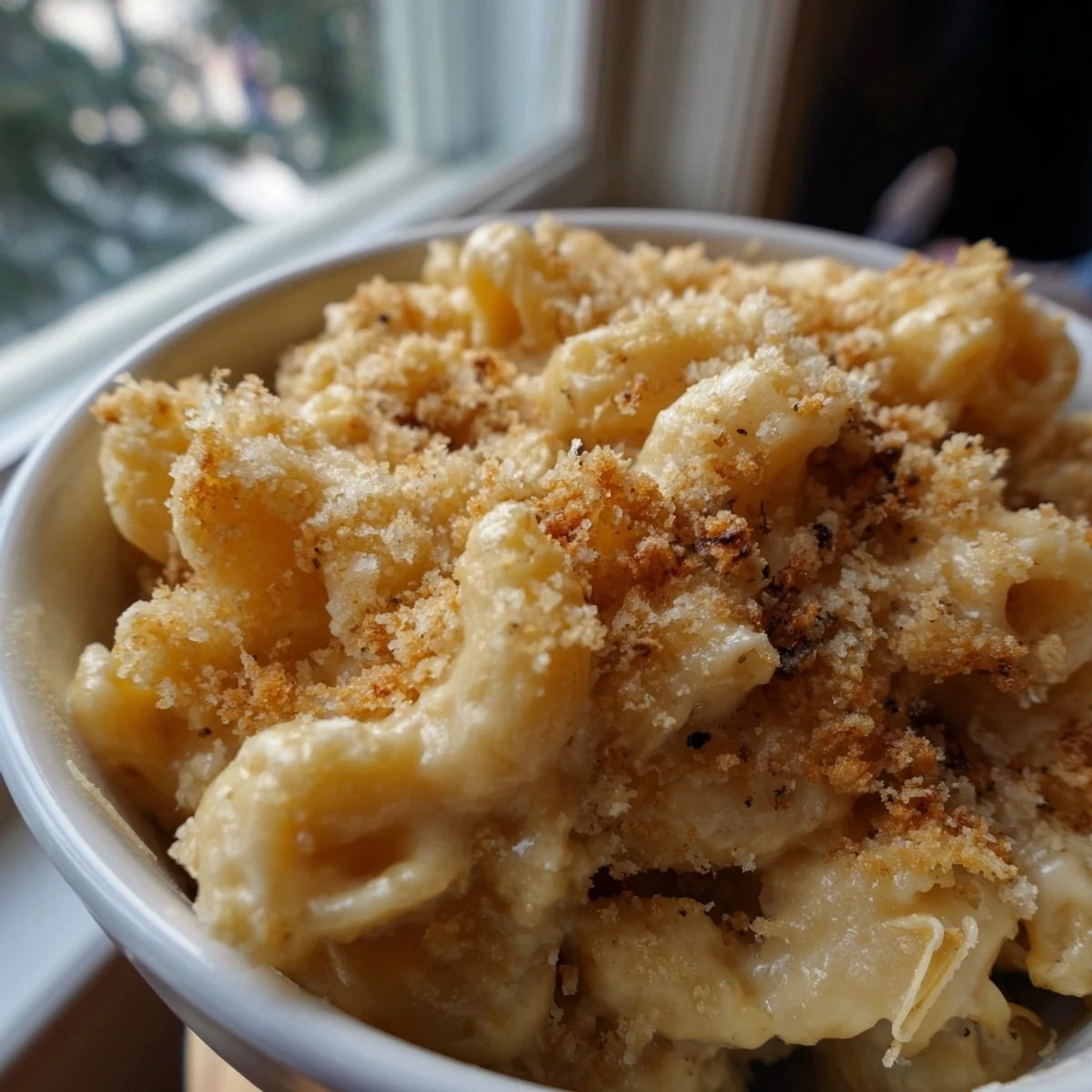 Comforting dish of baked macaroni and cheese, rich sauce bubbling under a crunchy crust.