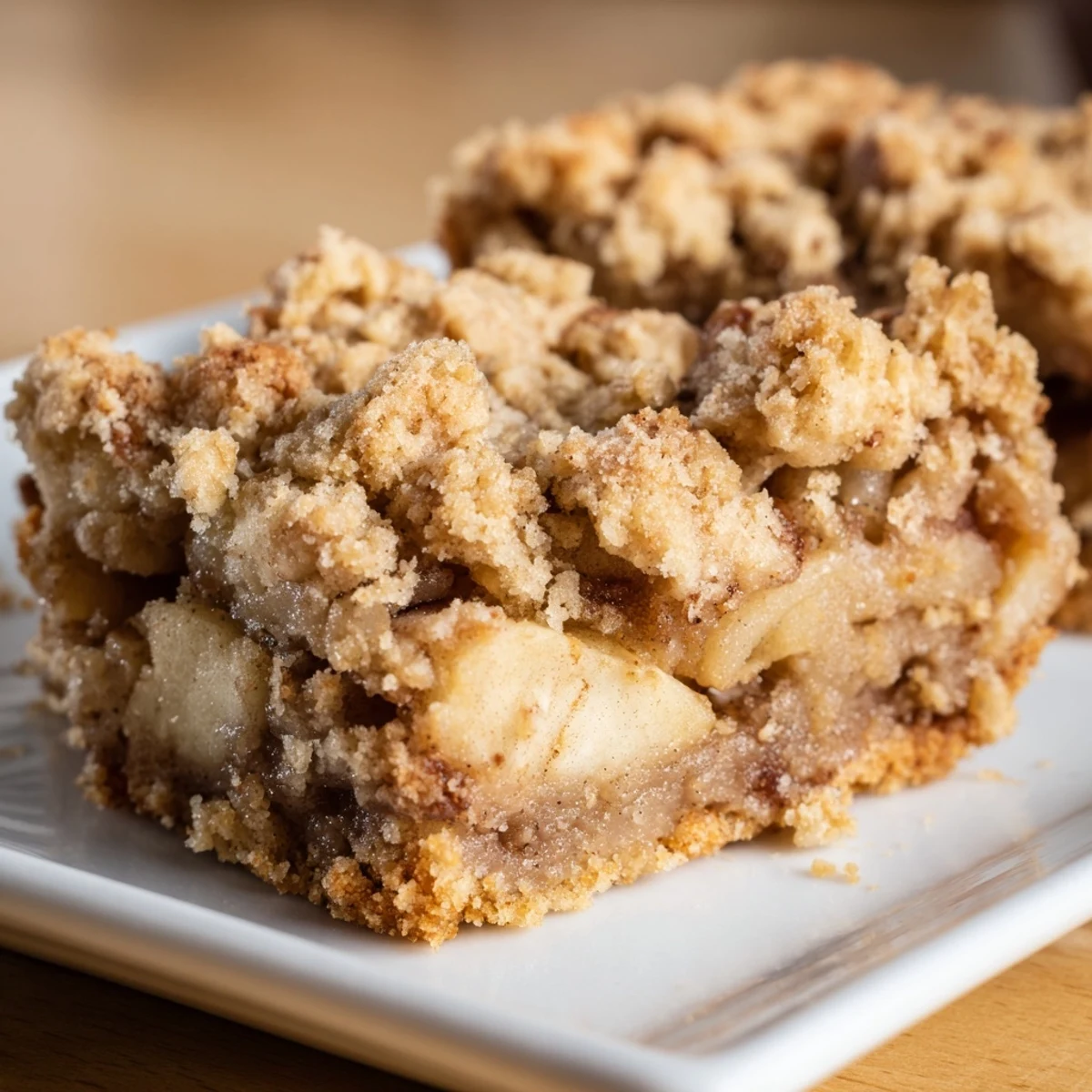 Sliced Apple Cinnamon Crumble Bars with a golden crust and spiced apple filling awaiting dessert lovers.  