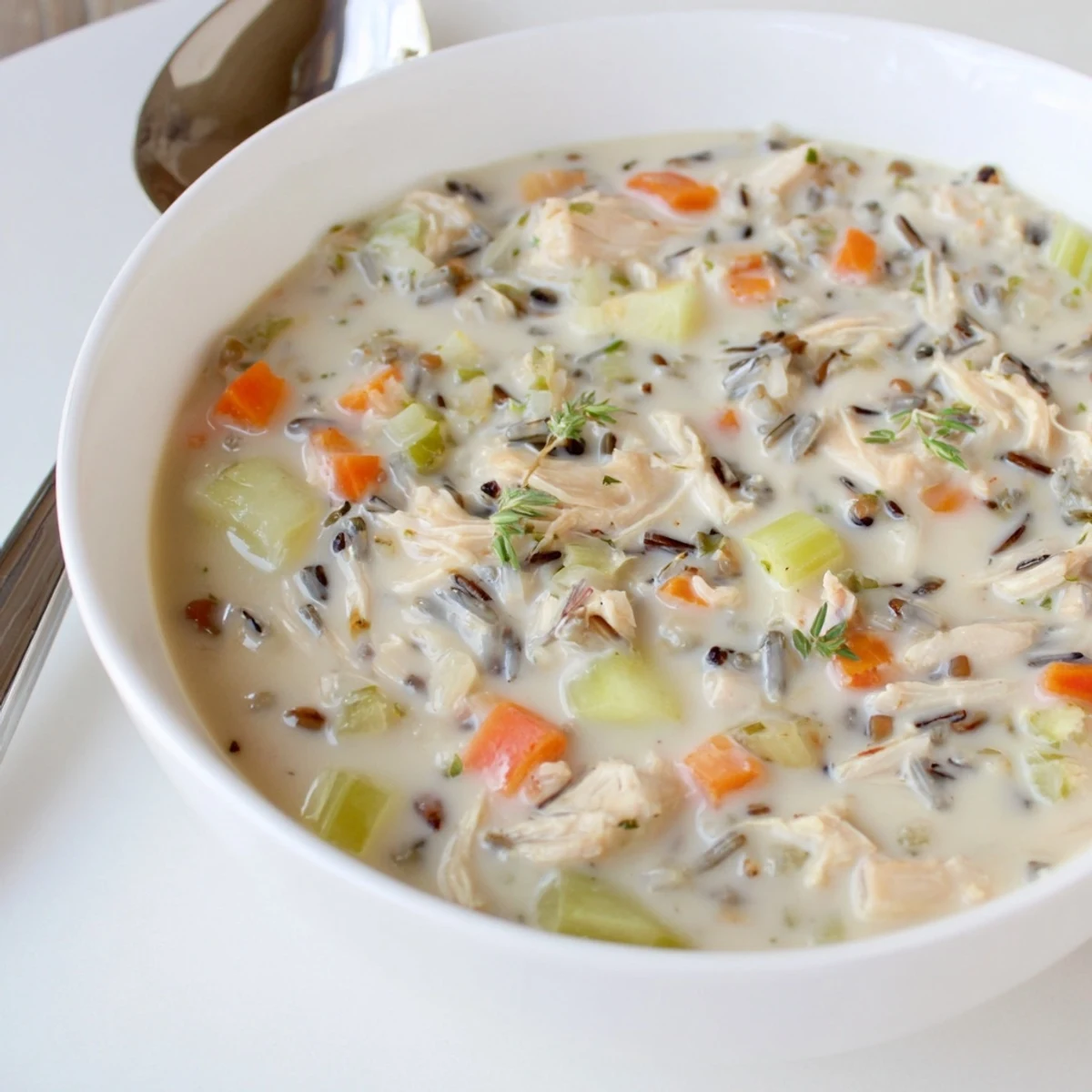 Creamy Chicken and Wild Rice Soup garnished with fresh herbs, perfect for cozy dinners.  