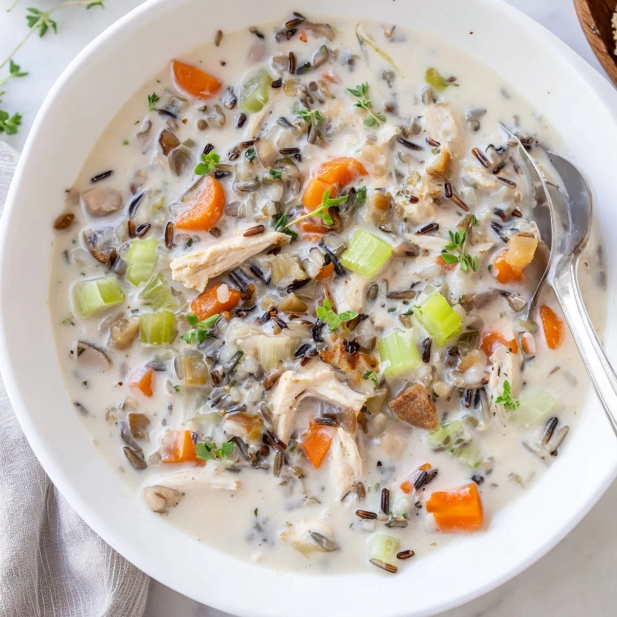 Bowls of creamy chicken and wild rice soup, steaming in the comfort of winter.  