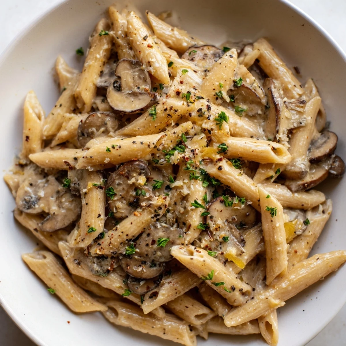 Creamy One-Pot Mushroom Pasta served with fresh parsley and grated Parmesan cheese.  