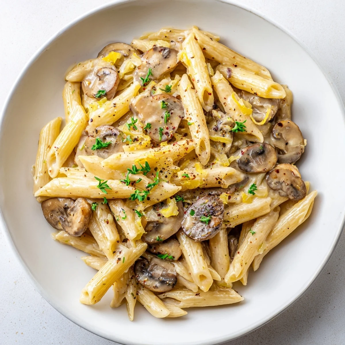 Rich and velvety Creamy One-Pot Mushroom Pasta topped with sautéed mushrooms and herbs.  