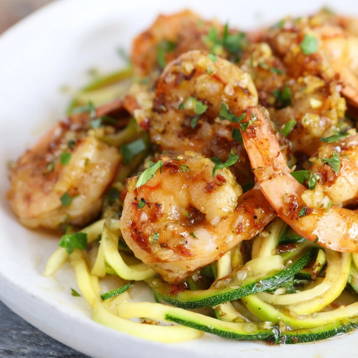 Succulent garlic butter shrimp over vibrant zucchini noodles, a delicious low-carb dish.  