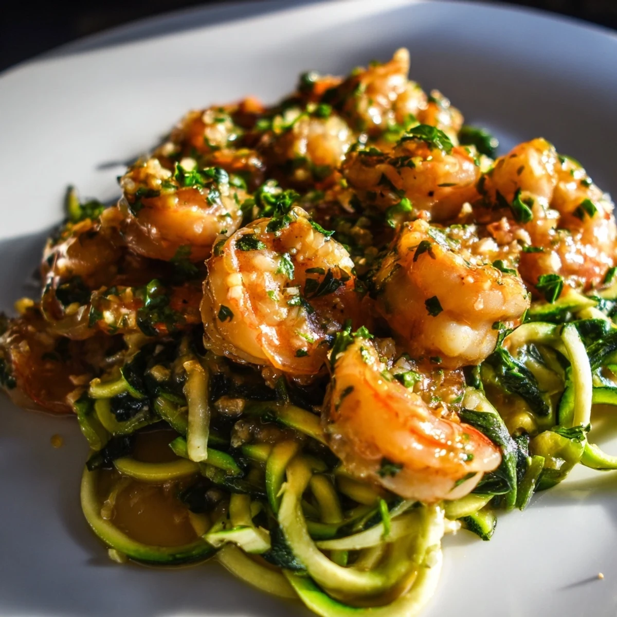 Aromatic garlic butter shrimp nestled on spiralized zucchini noodles, perfect for a light meal.