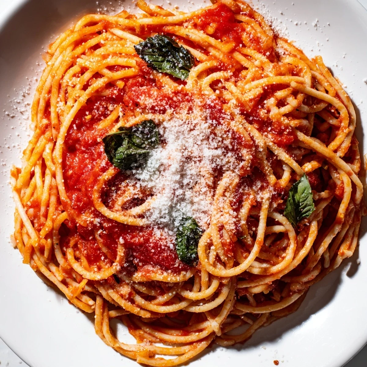 A comforting plate of classic spaghetti with marinara sauce and vibrant basil.  