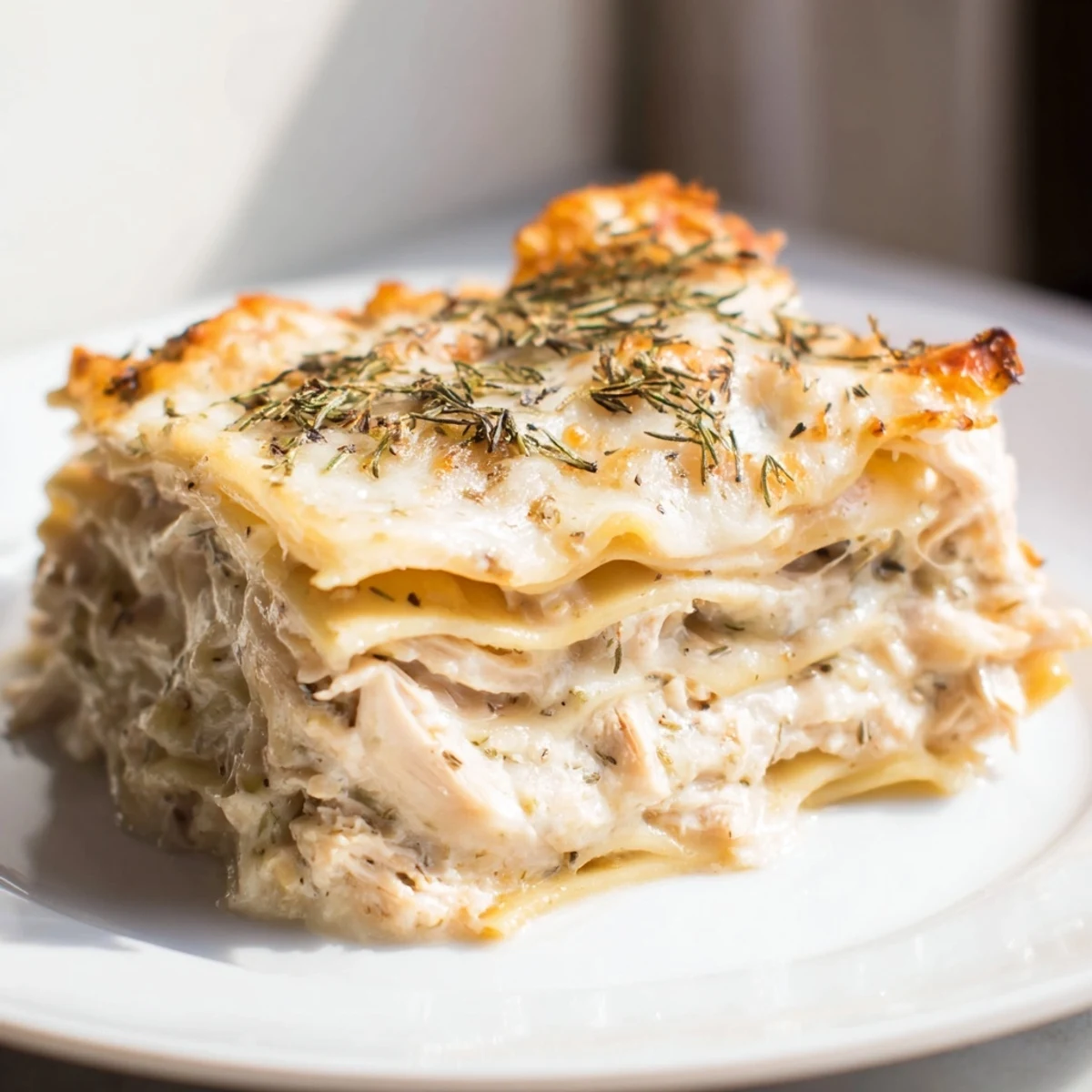 A close-up shot of a bubbling, cheesy Rosemary Chicken Lasagna fresh from the oven, ready to serve.