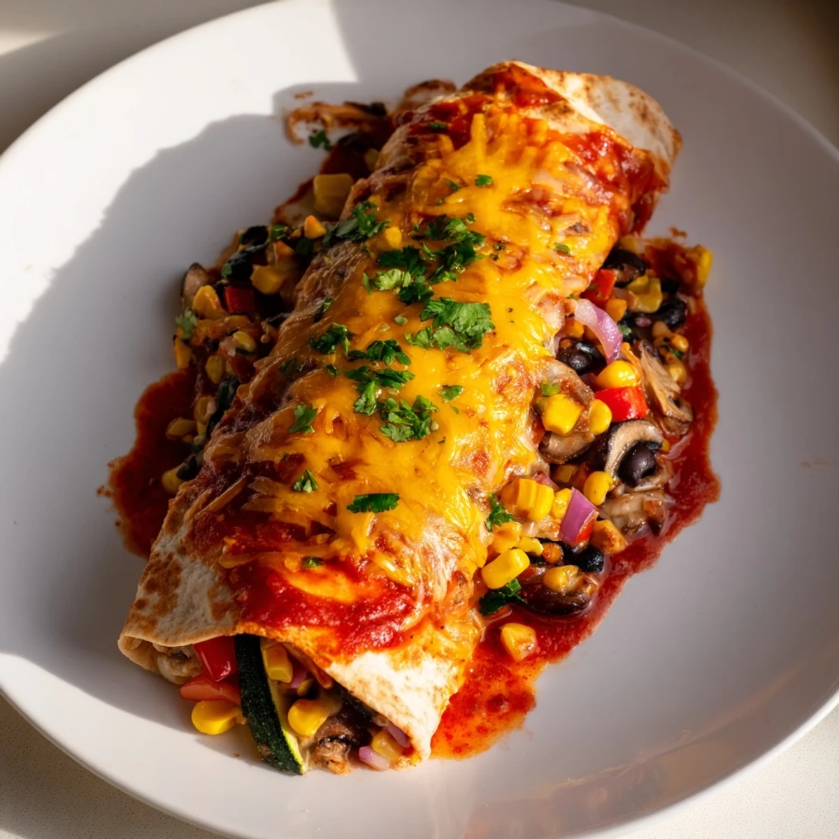 Farmers Market Vegetarian Enchiladas bubbling with cheese, vegetables, and rich red sauce, ready to serve.