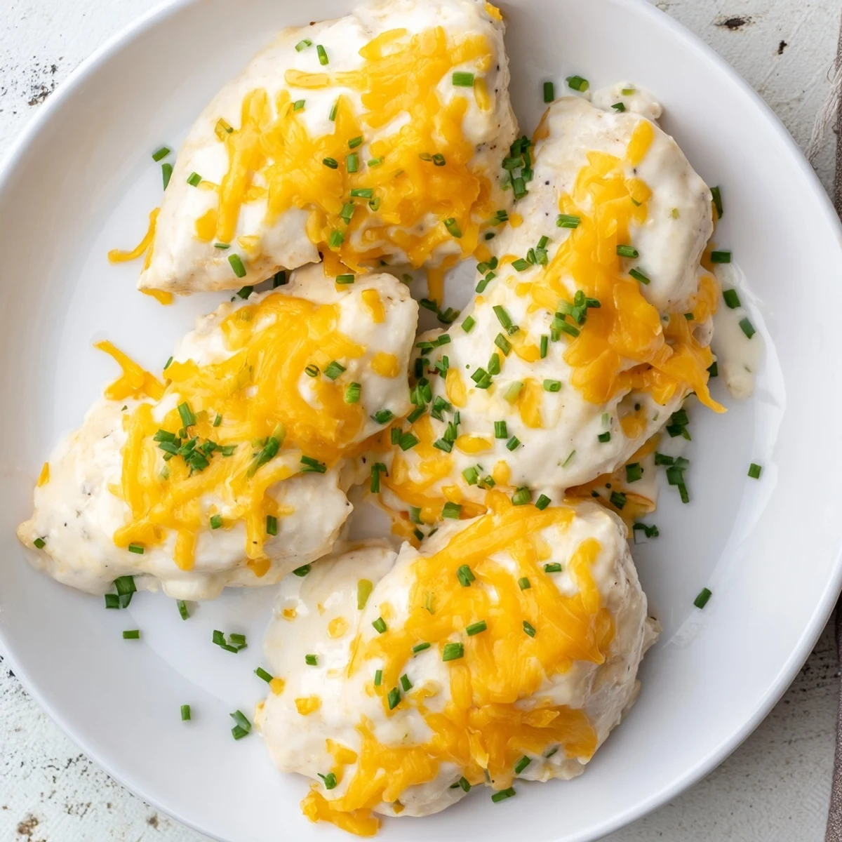 Close-up of a flavorful Cheddar Ranch Chicken Bake, showcasing tender chicken and bubbly cheese.