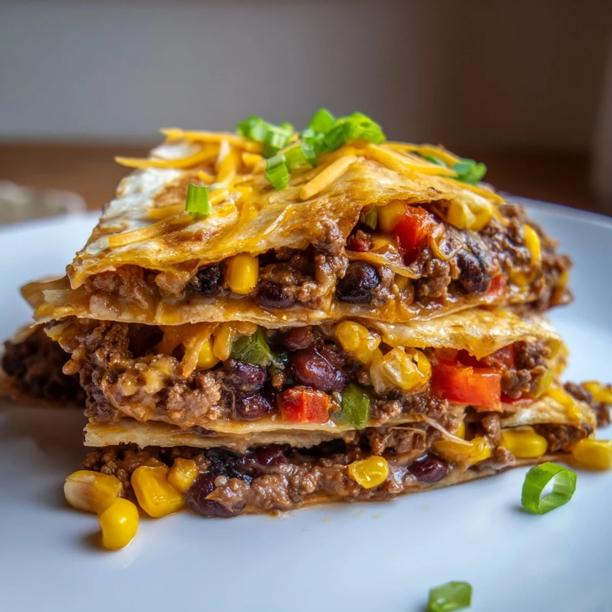A vibrant, overhead shot displays sheet pan quesadillas with beef ready to be served, topped with fresh toppings.