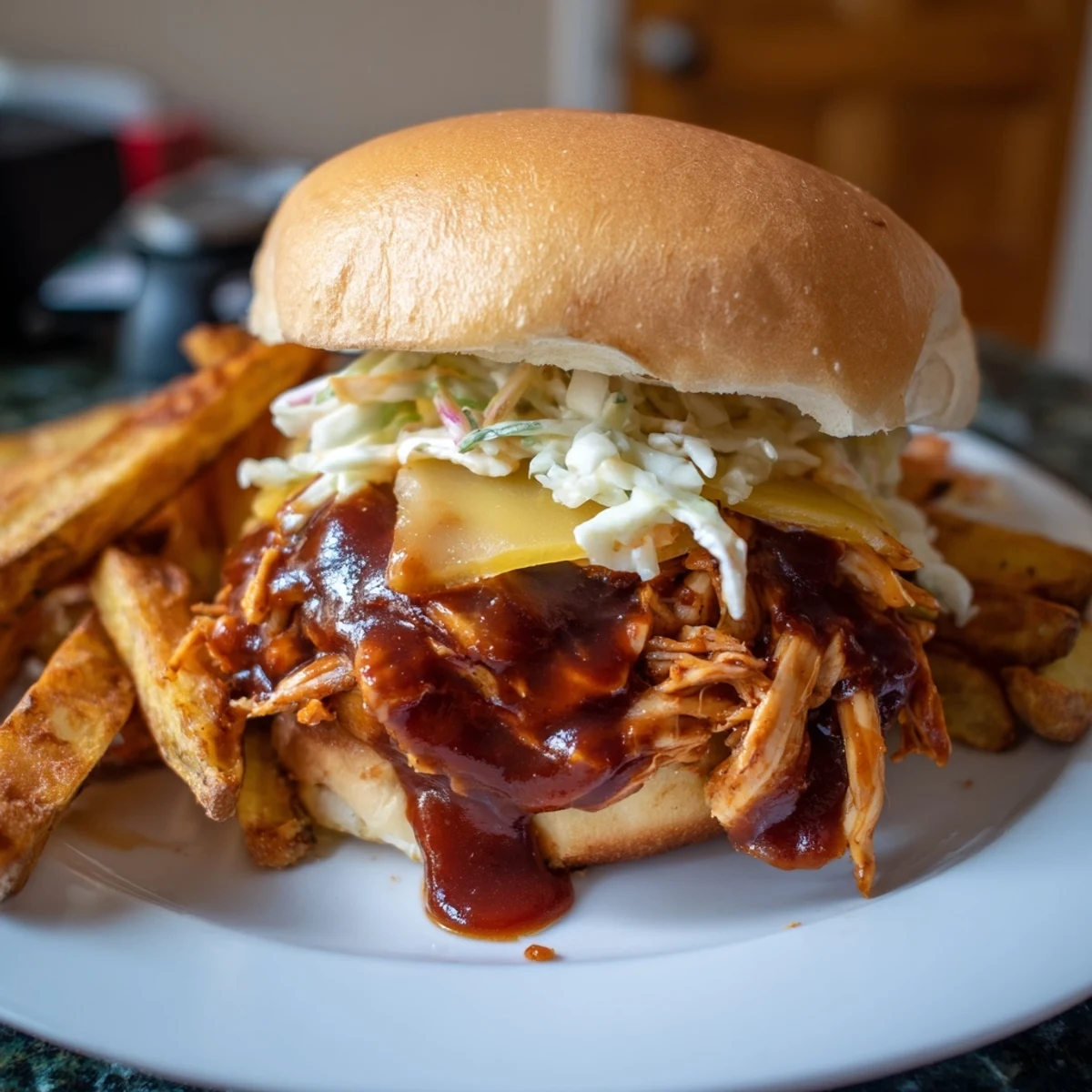 Tender shredded BBQ Chicken Sliders with melted cheese, served with golden, seasoned fries for a meal.