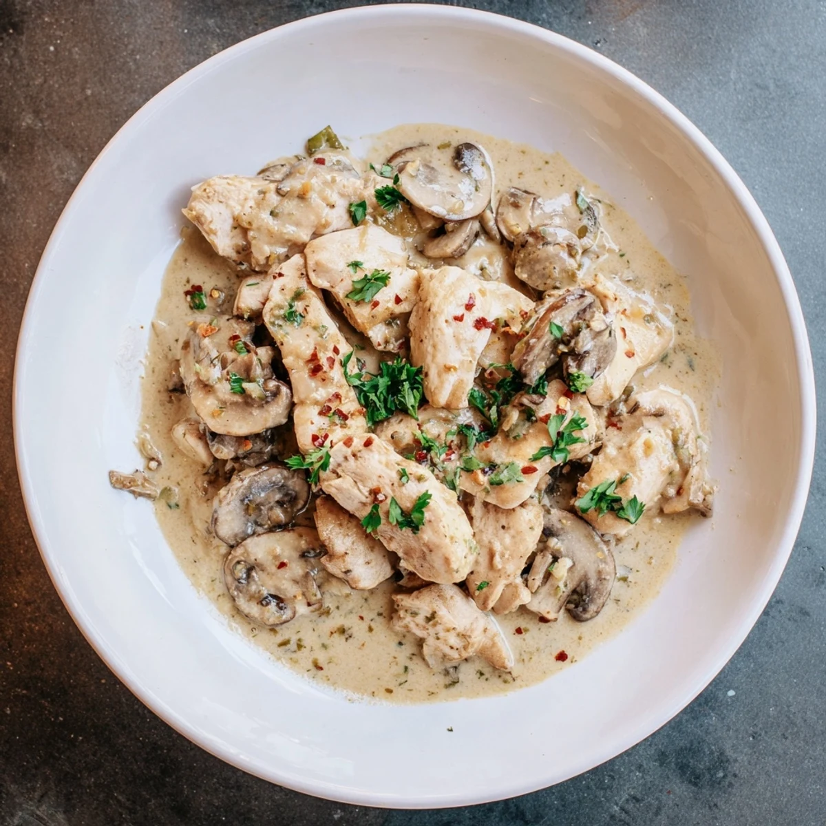 Creamy Chicken Stroganoff with tender chicken and mushrooms, served hot over a bed of fluffy noodles.