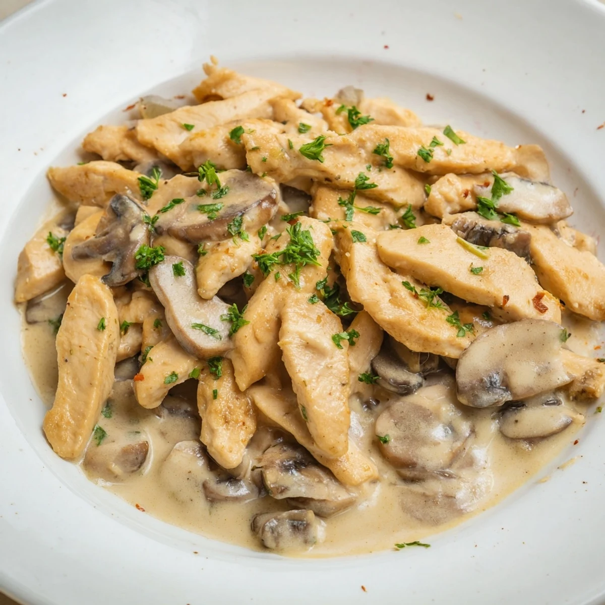 A close-up of creamy Chicken Stroganoff, the rich sauce coating perfectly cooked chicken pieces and veggies.