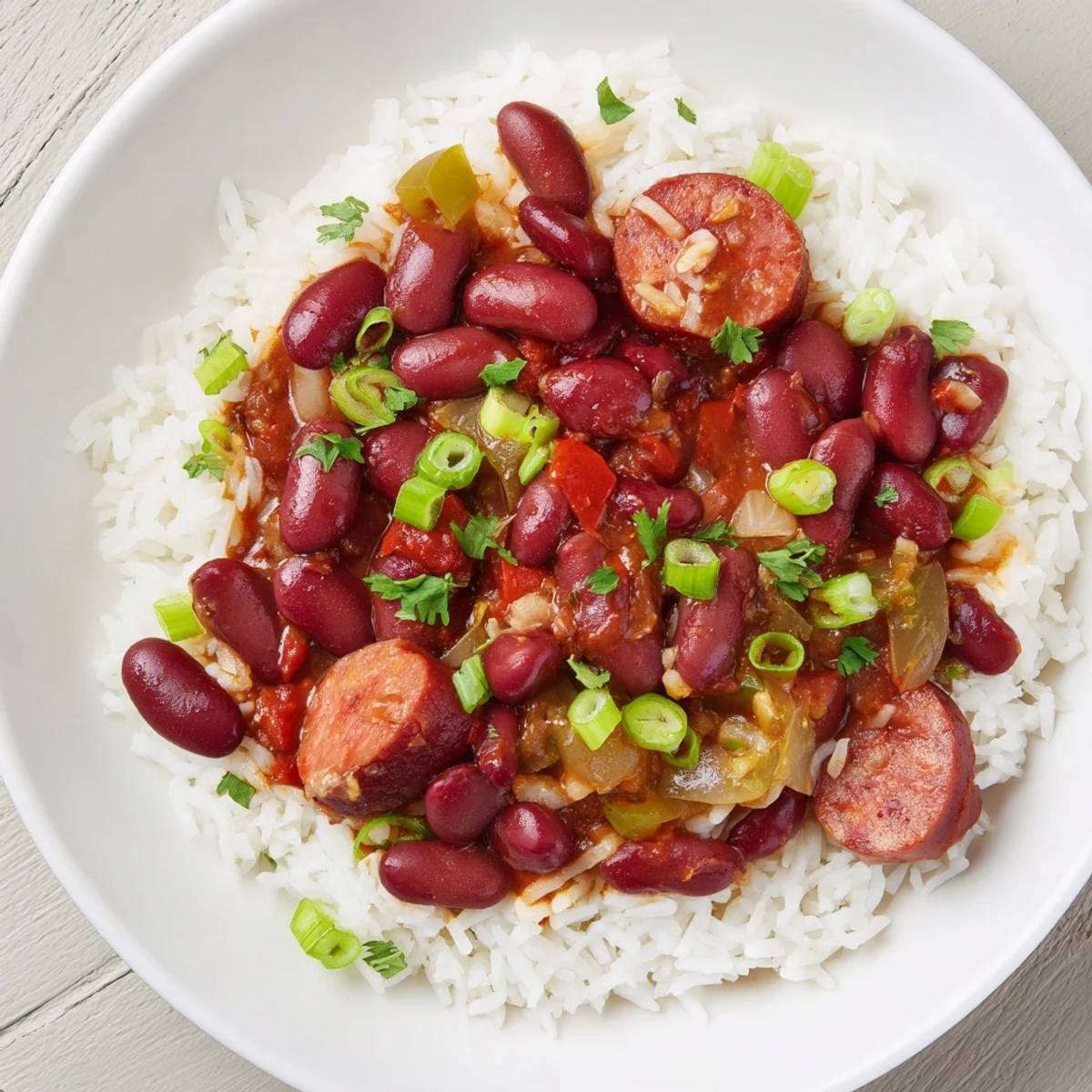 Steaming bowl of Red Beans & Rice, with creamy beans and sausage over fluffy white rice.