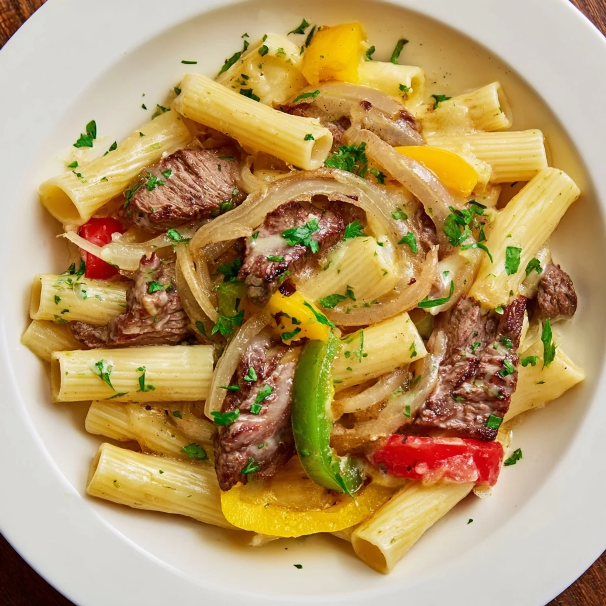 Tossed Philly Cheese Steak Pasta, savory with tender beef, peppers, onions, and melted cheese, ready to eat.