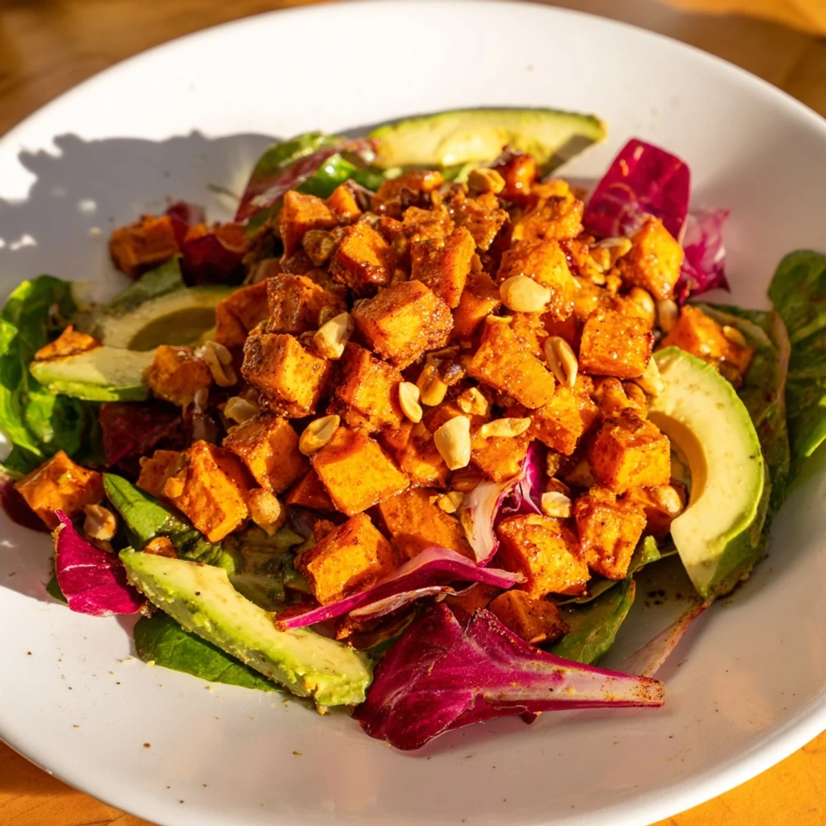 Imagine the aroma: warm, roasted sweet potatoes in this Spiced Peanut Sweet Potato & Radicchio Salad Bowl.