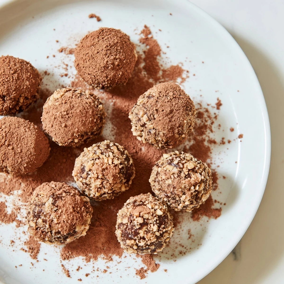 Homemade Date & Walnut Truffles, with a fine cocoa powder coating, awaiting refrigeration to set.