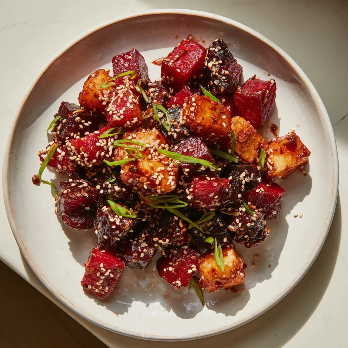 Golden, glazed Miso Roasted Winter Vegetables, offering a delightful combination of sweet and savory flavors.