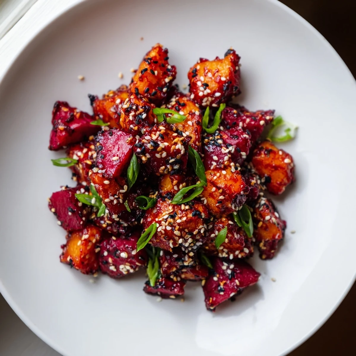 A close-up view of beautifully caramelized Miso Roasted Winter Vegetables ready to be enjoyed.