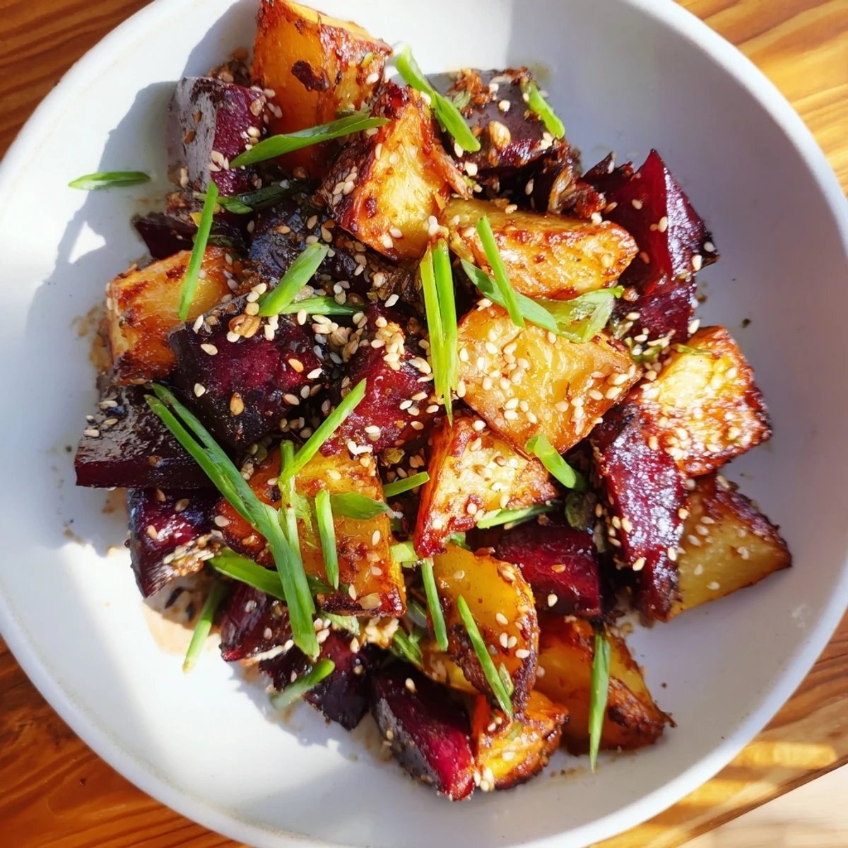 Enjoy a serving of warm, flavorful Miso Roasted Winter Vegetables, drizzled with sesame seeds.