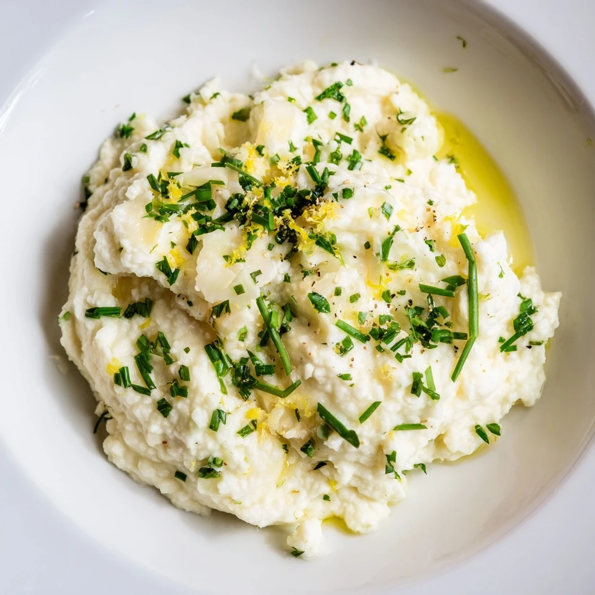 Creamy cauliflower mash with garlic and lemon, a bright and flavorful side dish served hot.