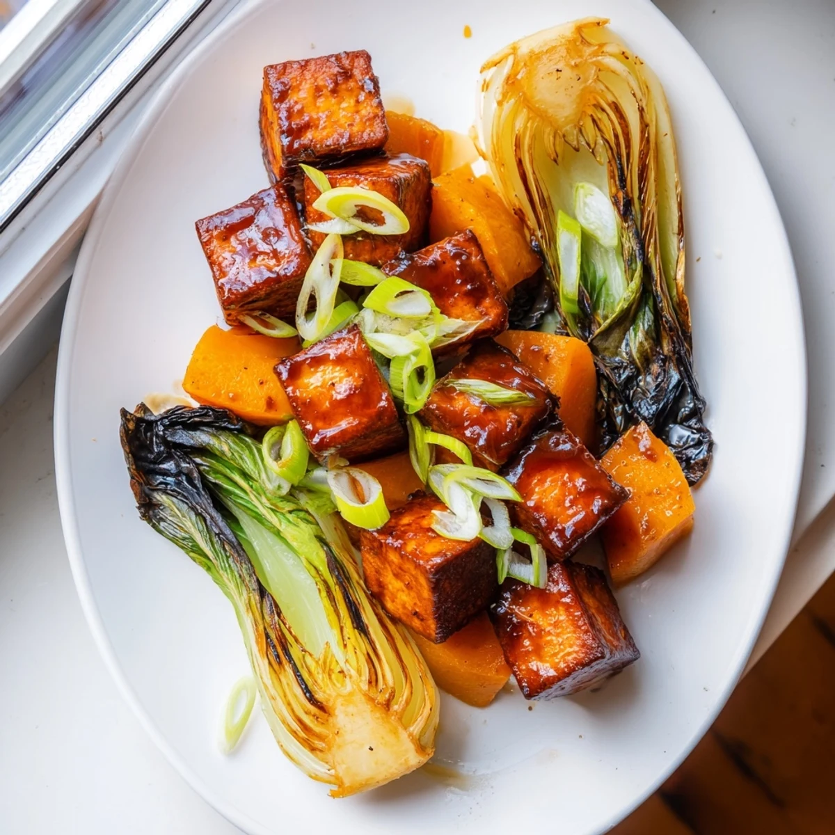Golden-brown, caramelized Miso-Glazed Tofu and winter squash, a vegan delight with tender bok choy.