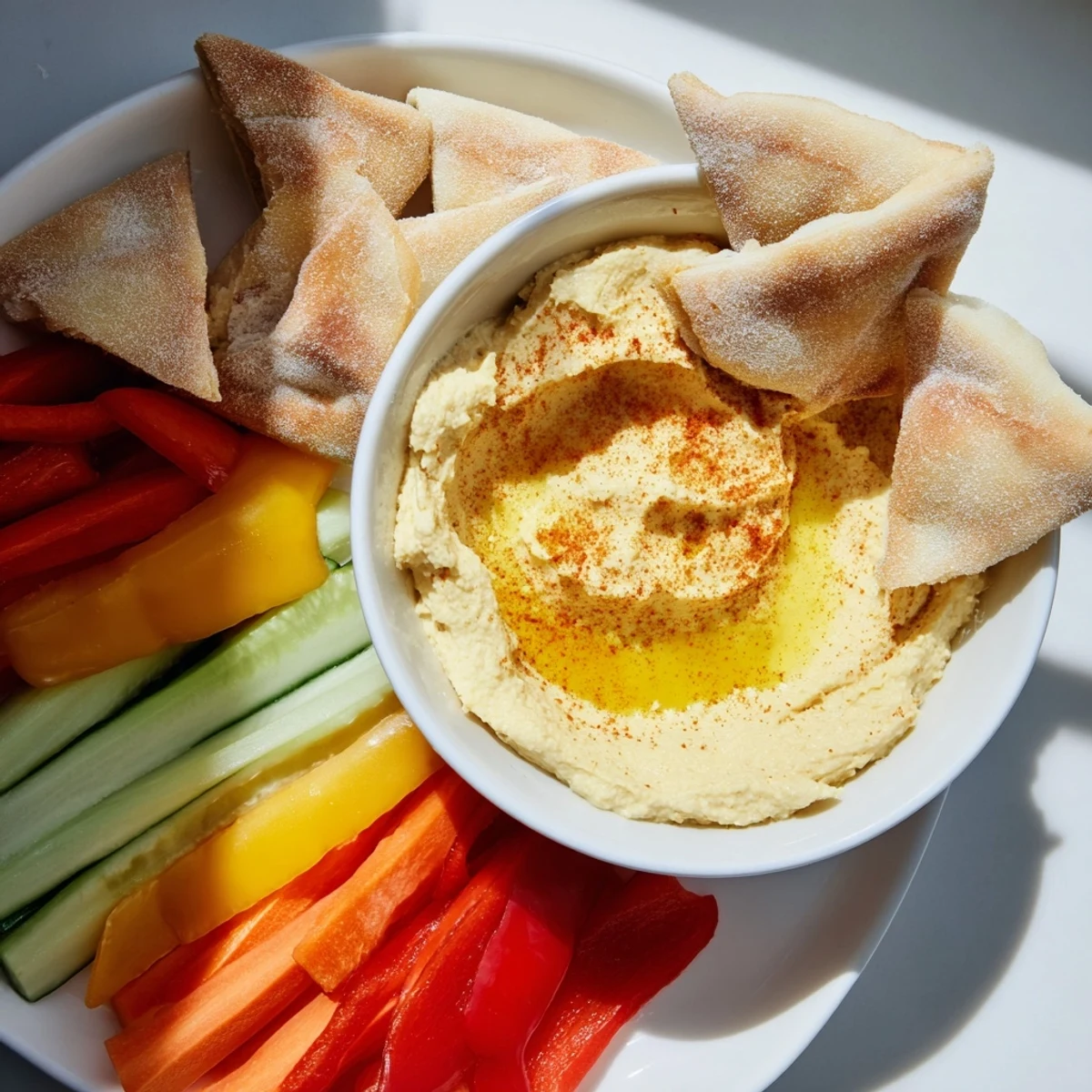 Imagine the delightful texture of our DIY hummus served with soft pita and fresh, crisp vegetables!