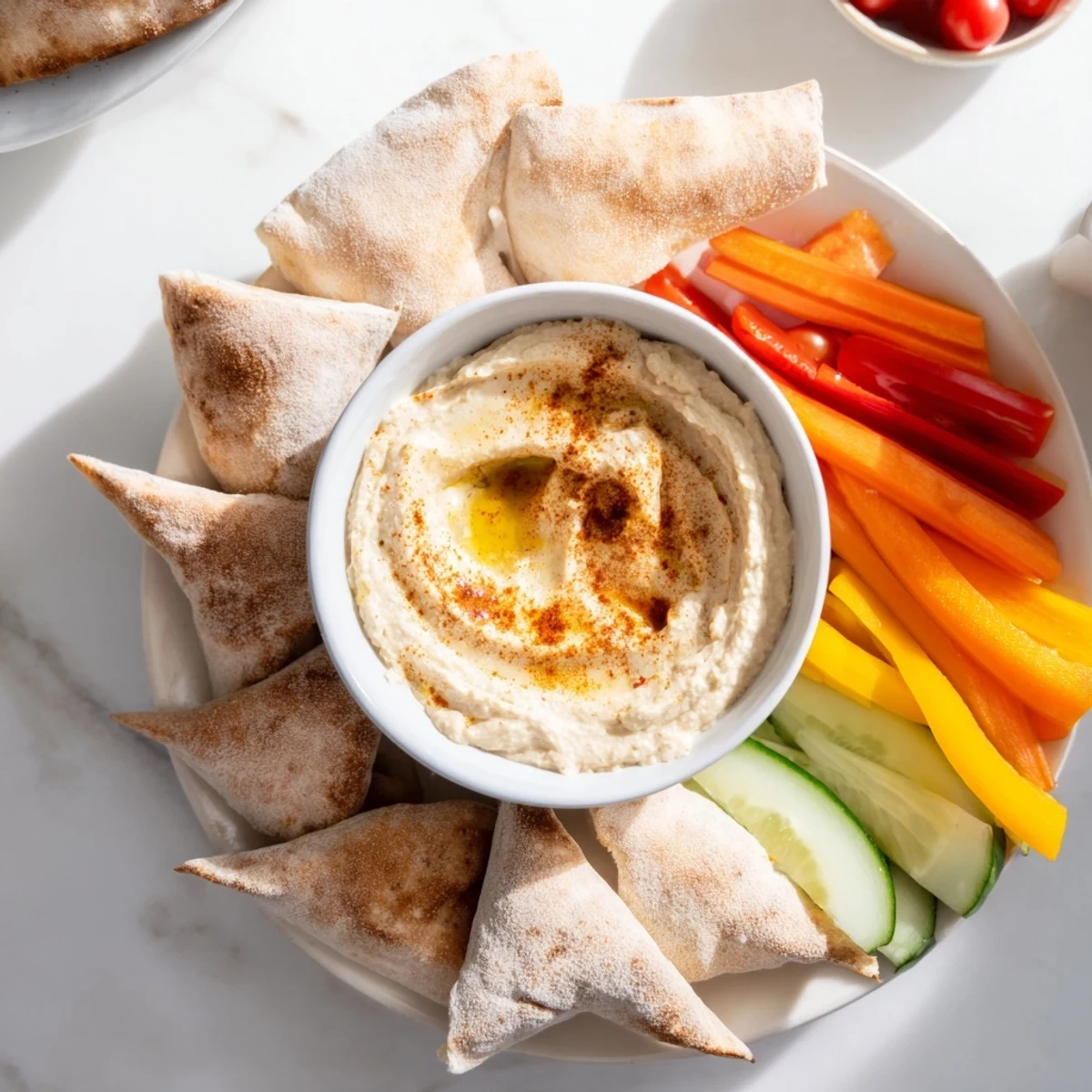 Creamy homemade hummus, warm pita bread, and cheerful colorful veggie sticks make a vibrant platter.