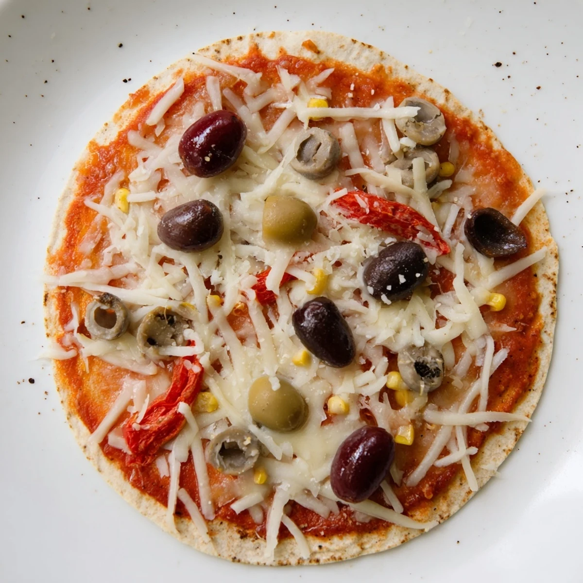 A close-up of a fully-loaded tortilla pizza sizzling from the oven featuring melted cheese and olive slices.