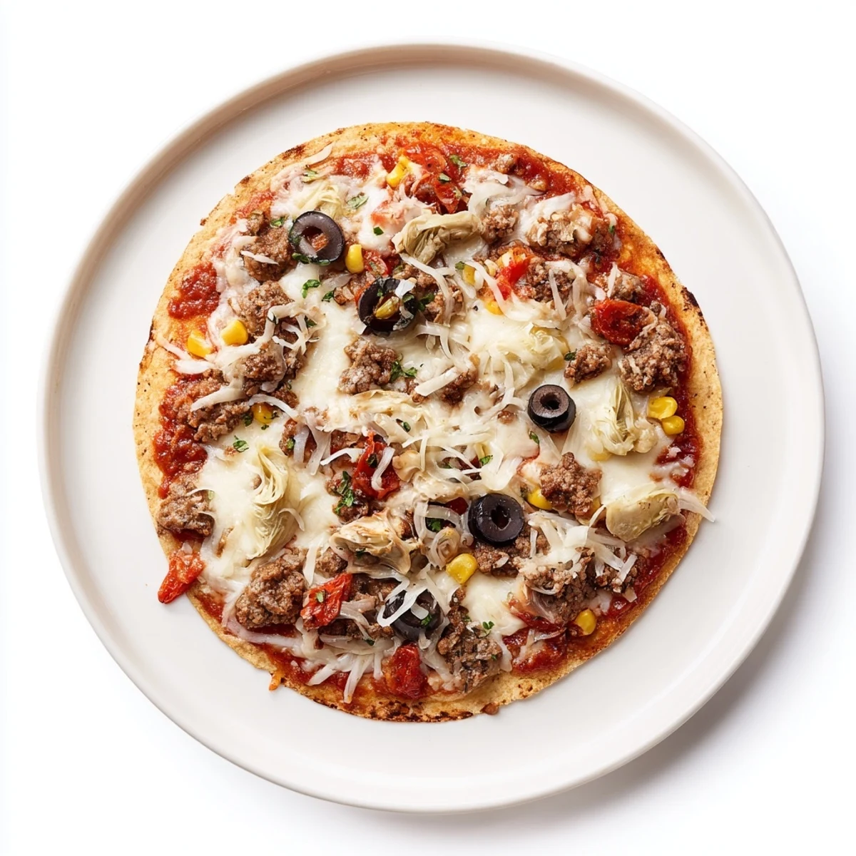 Golden-crisped tortilla pizza with bubbly mozzarella, showcasing colorful pantry toppings that look delicious.