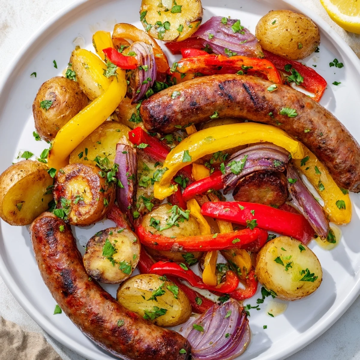 Savor the tempting Sheet-Pan Sausage with Peppers, cooked with potatoes and onions, delicious and flavorful.