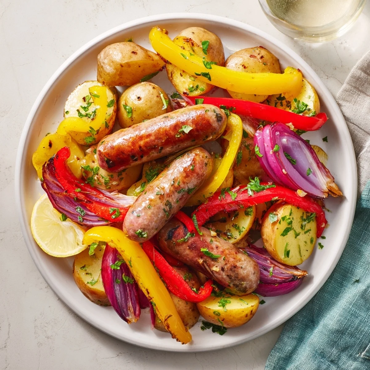 Sheet-Pan Sausage with Peppers and Potatoes: Golden-brown roasted vegetables with juicy, browned sausages for dinner.