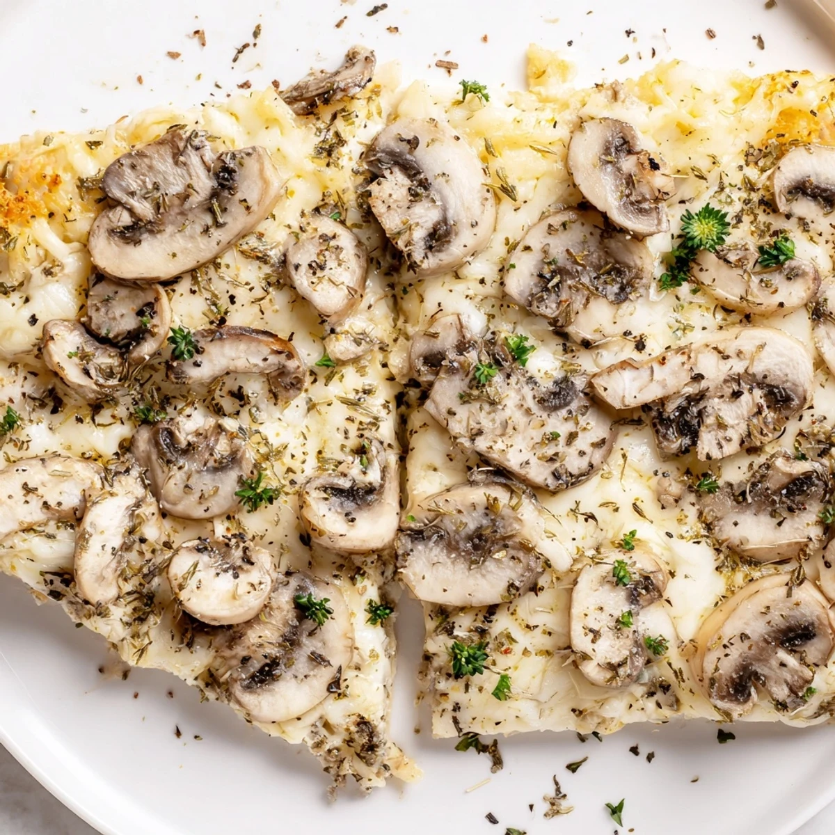 Golden brown enhanced frozen pizza showcasing mushrooms, herbs, and extra cheesy goodness, ready to enjoy.