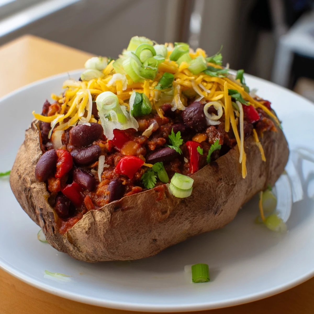 Steaming Chili-Style Baked Potatoes, loaded with savory chili and optional cheddar cheese—a warm, comforting dinner.