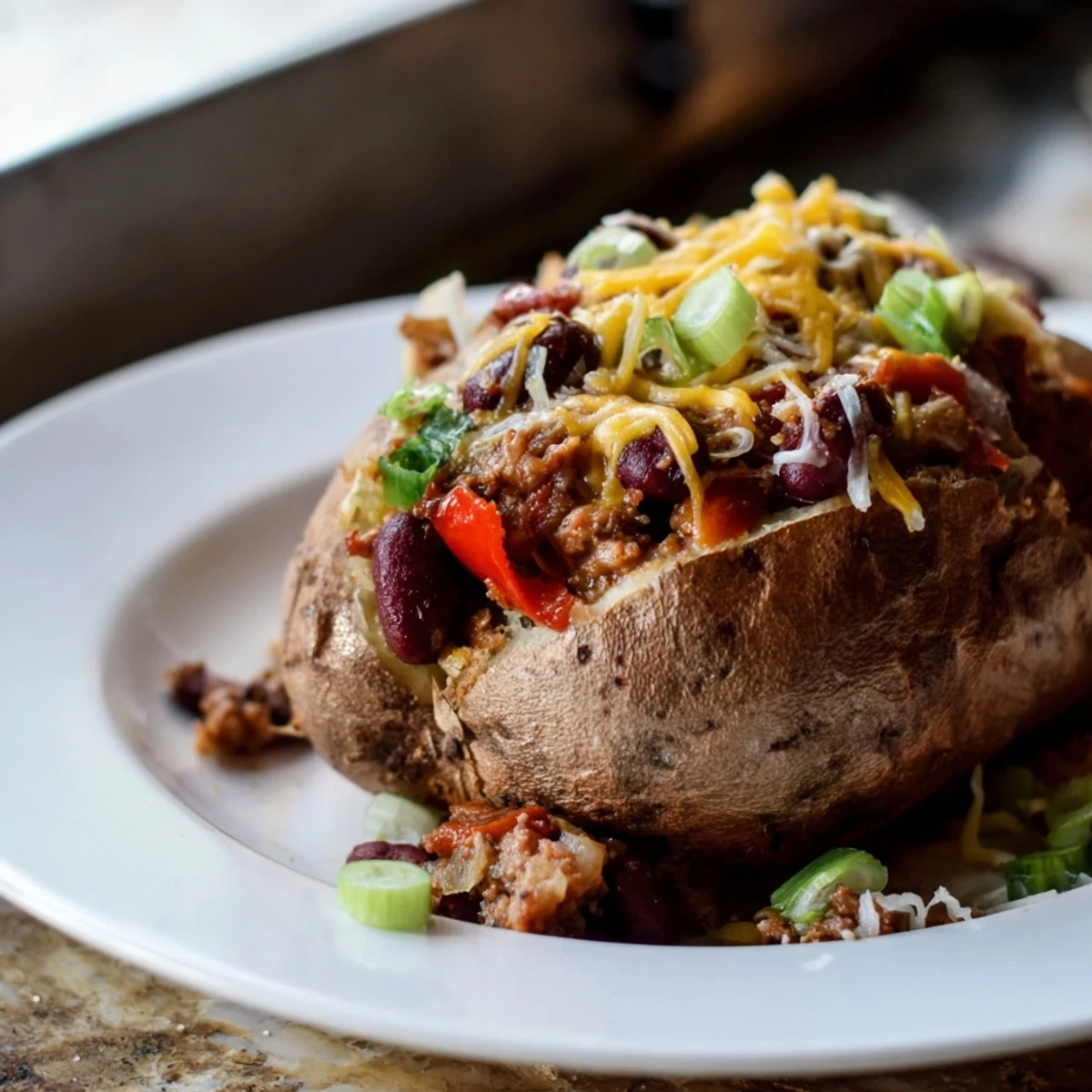 Enjoy flavorful Chili-Style Baked Potatoes: fluffy baked potatoes with a rich, spice-infused chili topping.