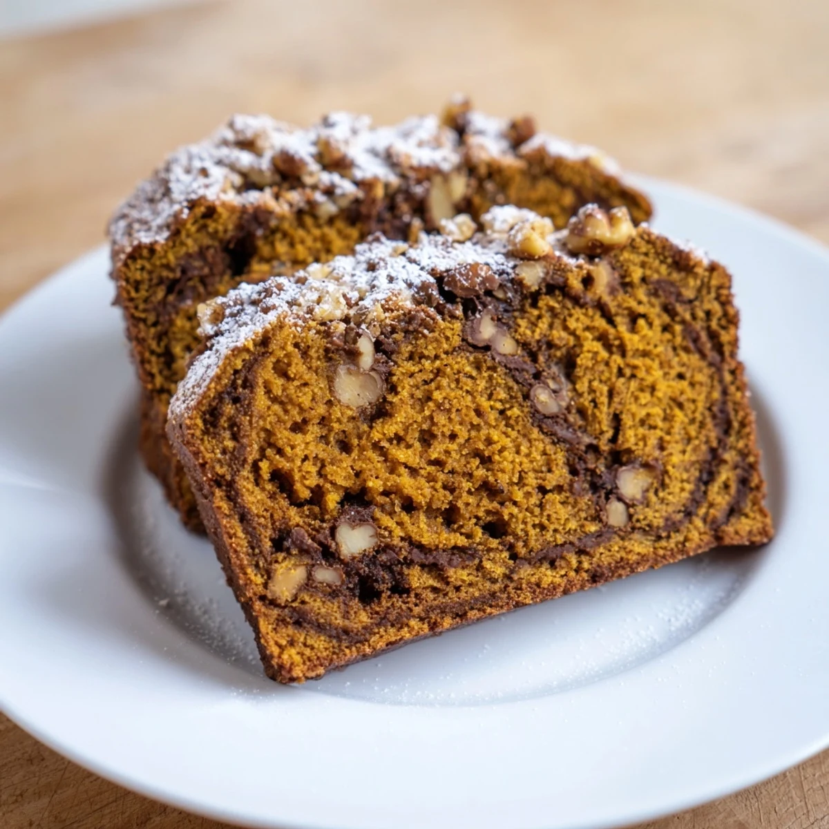 Steaming mug of pumpkin bread, a quick and delicious treat with fall spices and nuts.