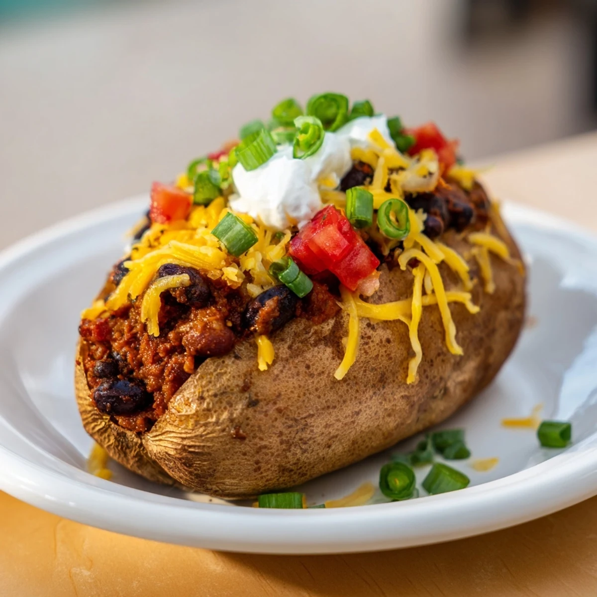 Golden-brown Loaded Baked Potato with chili, cheese, and vibrant green onions on top.